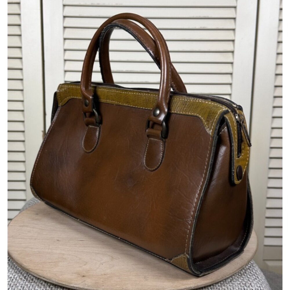 Vintage Lorenzo Leather Handbag Brown On Brown Academia Purse Double Handle Bag - Picture 4 of 7